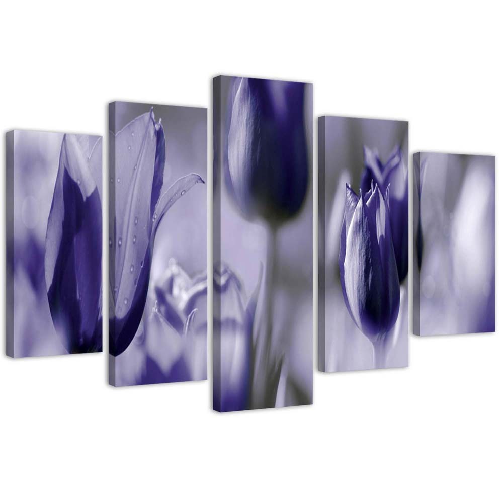 Penkių elementų deko plokštės ant drobės vaizdas, Violetinės tulpės pievoje