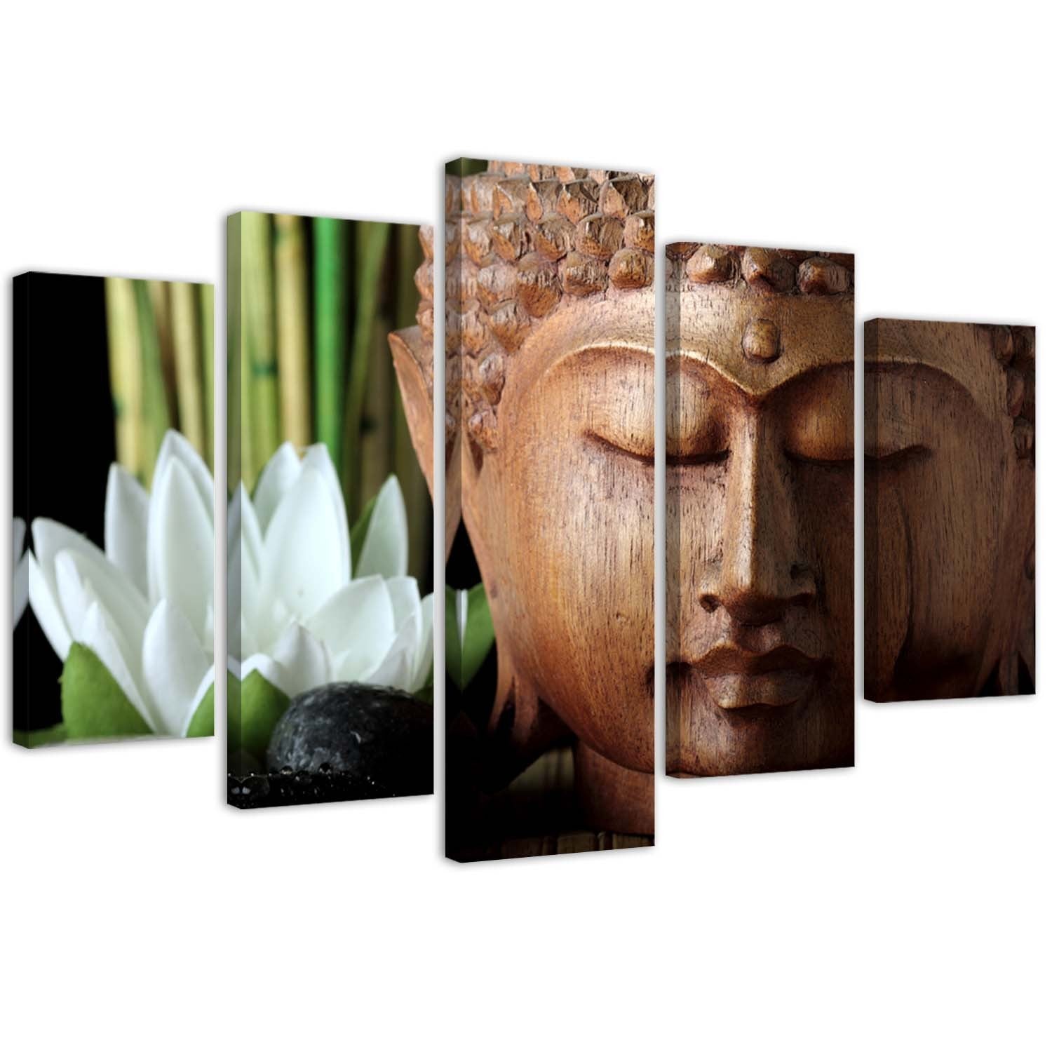 Penkių elementų deko plokštės ant drobės vaizdas, Buda ir balta gėlė
