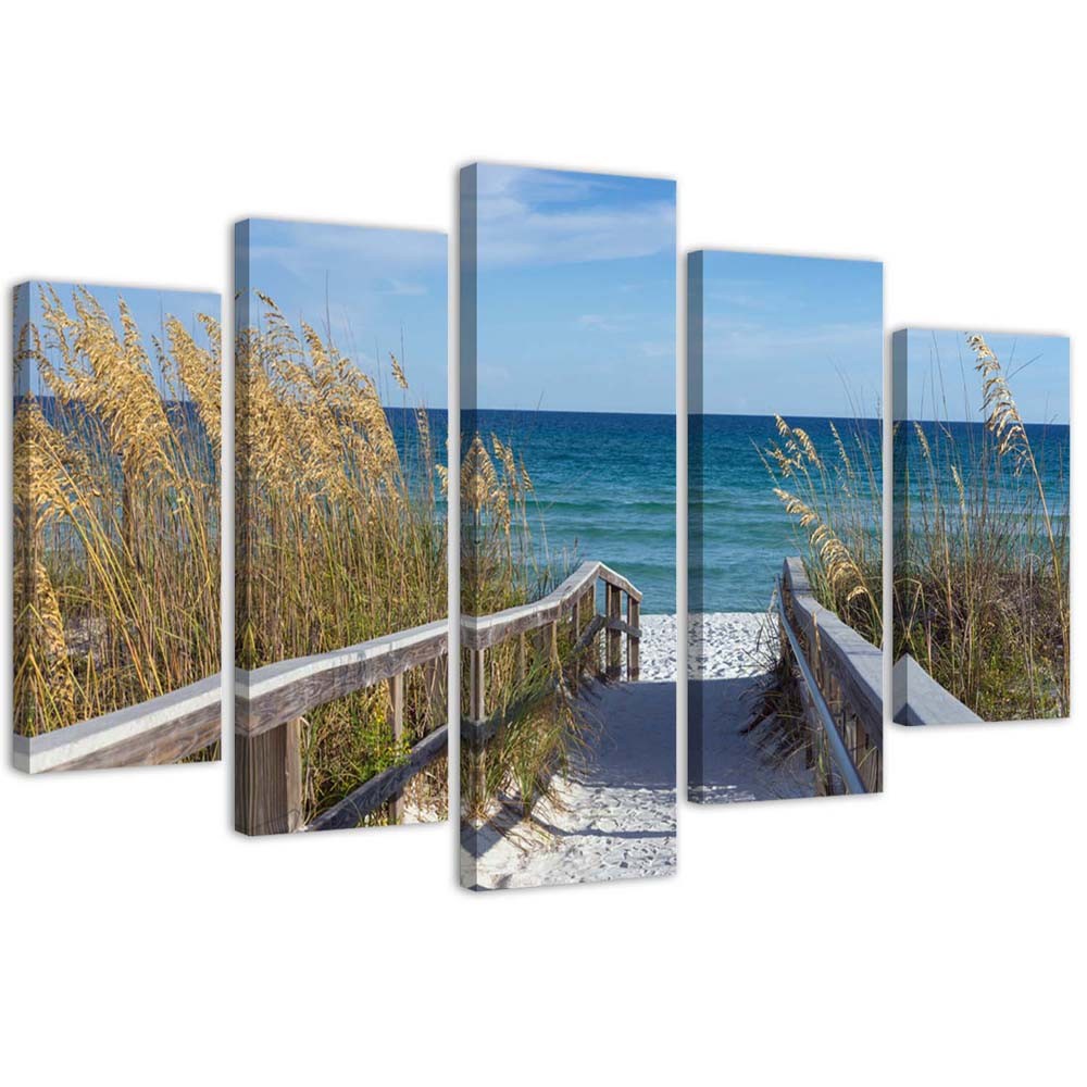 Penkių elementų deko plokštės ant drobės vaizdas, Nusileidimas į paplūdimį