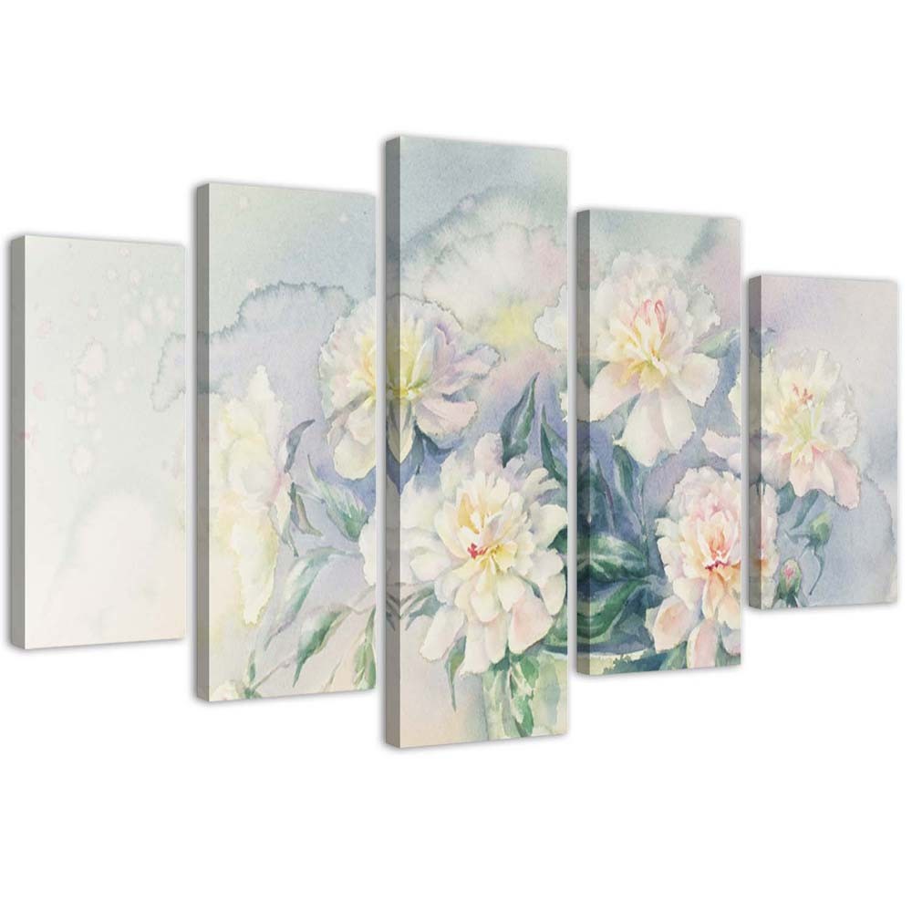 Penkių elementų deko plokštės ant drobės vaizdas, Baltų gėlių puokštė