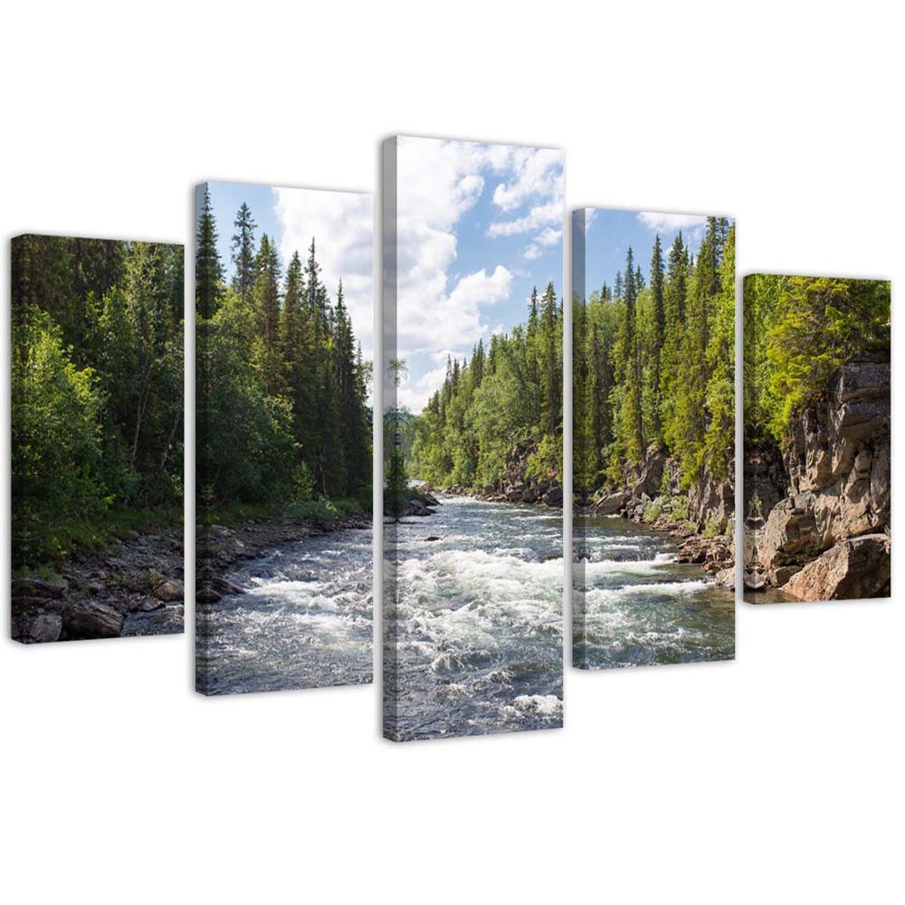 Penkių elementų deko plokštės ant drobės vaizdas, Upė miške