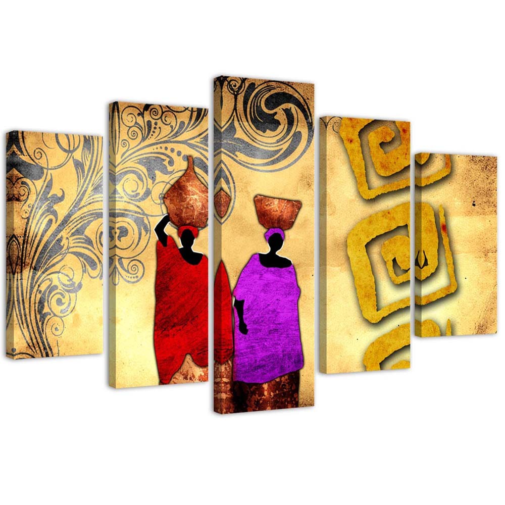 Penkių elementų deko plokštės ant drobės vaizdas, Afrikos moterys, turinčios ąsočių
