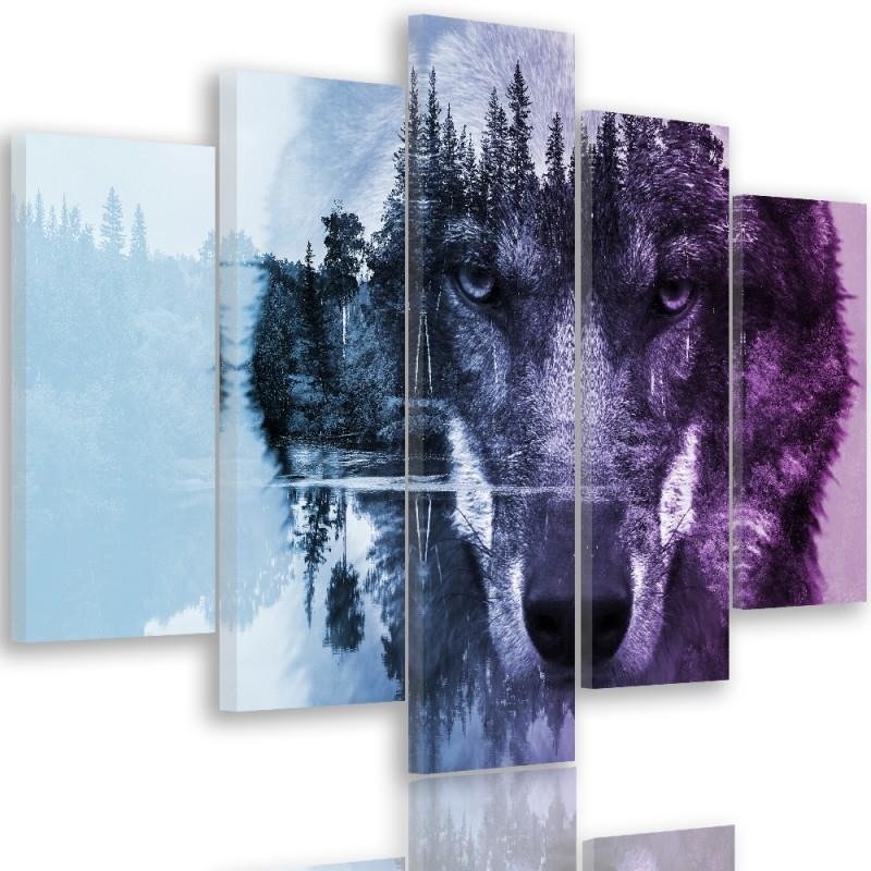 Penkių elementų deko plokštės ant drobės vaizdas, Vilkas miško fone - violetinė