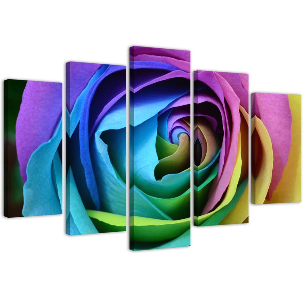 Penkių elementų deko plokštės ant drobės vaizdas, Spalvinga rožė