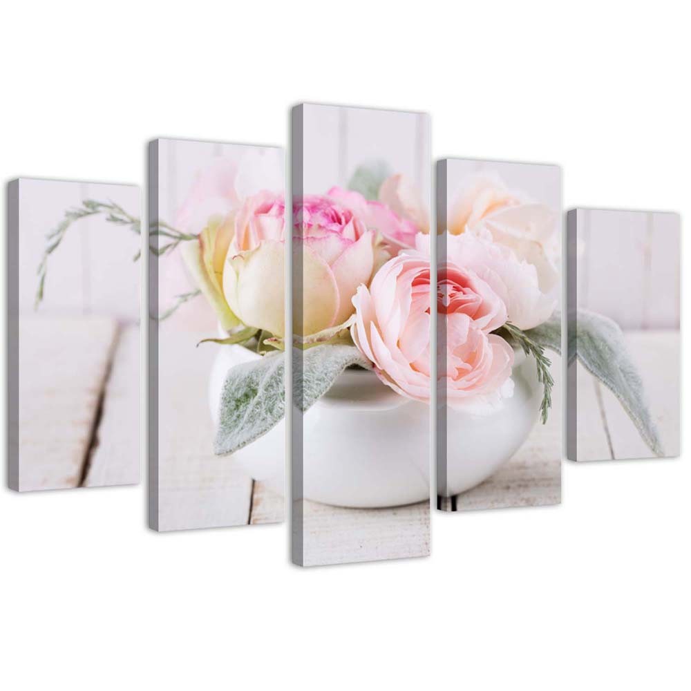 Penkių elementų deko plokštės ant drobės vaizdas, Rožės baltoje vazoje