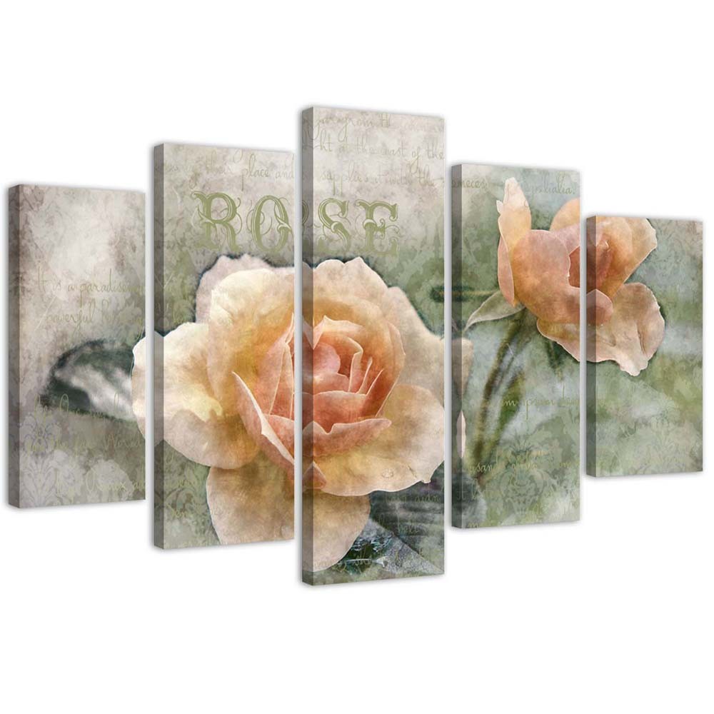 Penkių elementų deko plokštės ant drobės vaizdas, Arbatos rožės suglebęs prašmatnus