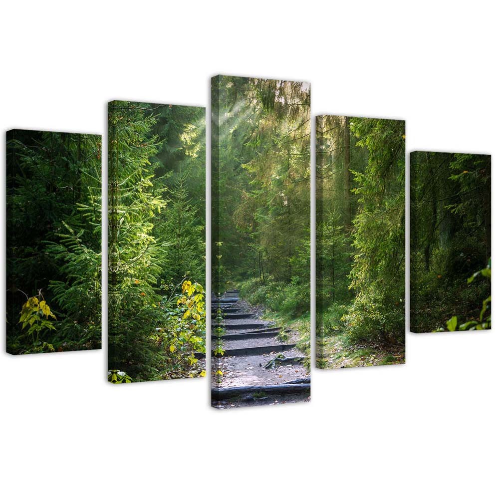 Penkių elementų deko plokštės ant drobės vaizdas, Kelias žaliame miške