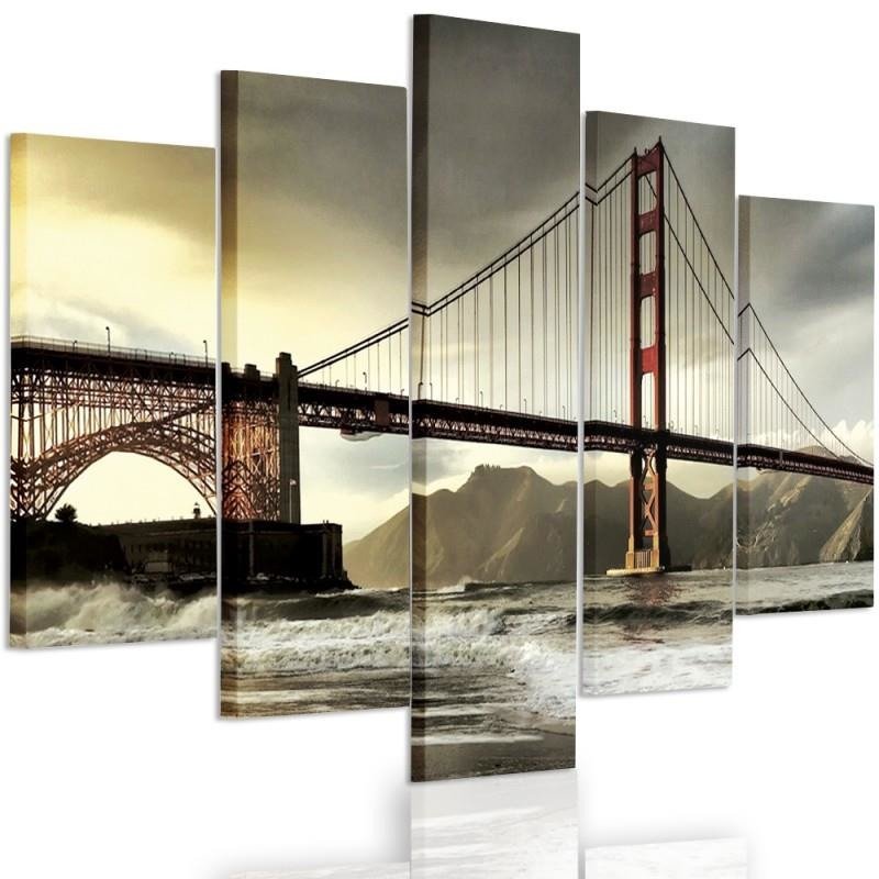 Penkių elementų deko plokštės ant drobės vaizdas, Tiltas per upę