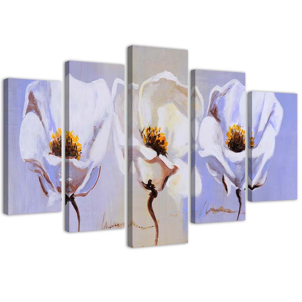 Penkių elementų deko plokštės ant drobės vaizdas, Trys gėlės
