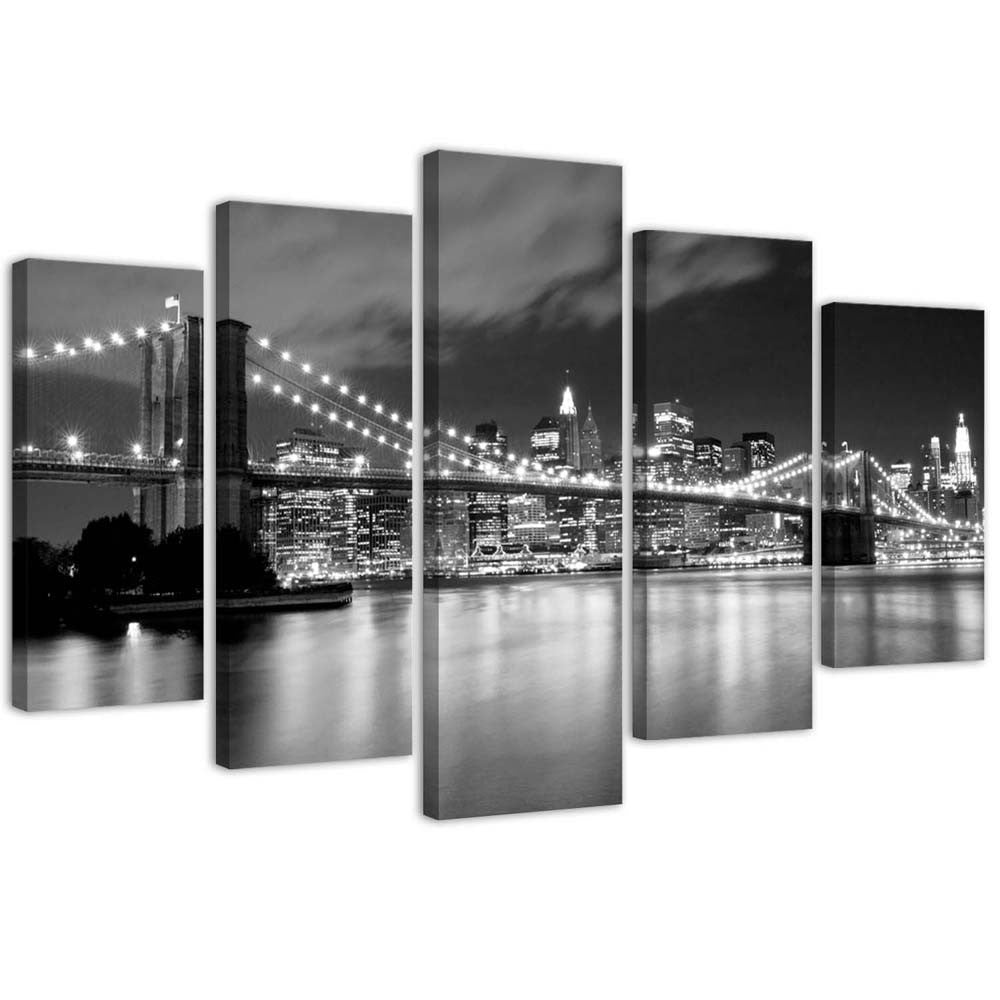 Penkių elementų deko plokštės ant drobės vaizdas, Bruklino tiltas naktį juodai balta