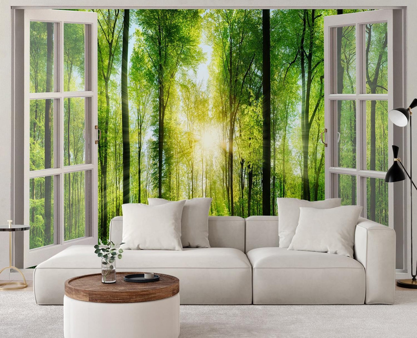 Fototapetai, Vaizdas pro langą saulės spinduliai miške