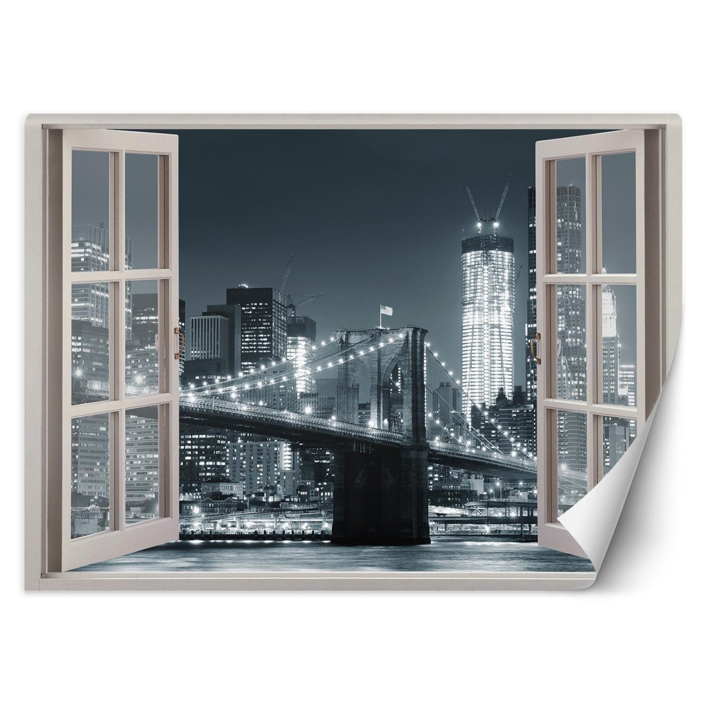 Fototapetai, Langas su vaizdu į Niujorką Bruklino tiltas juoda balta
