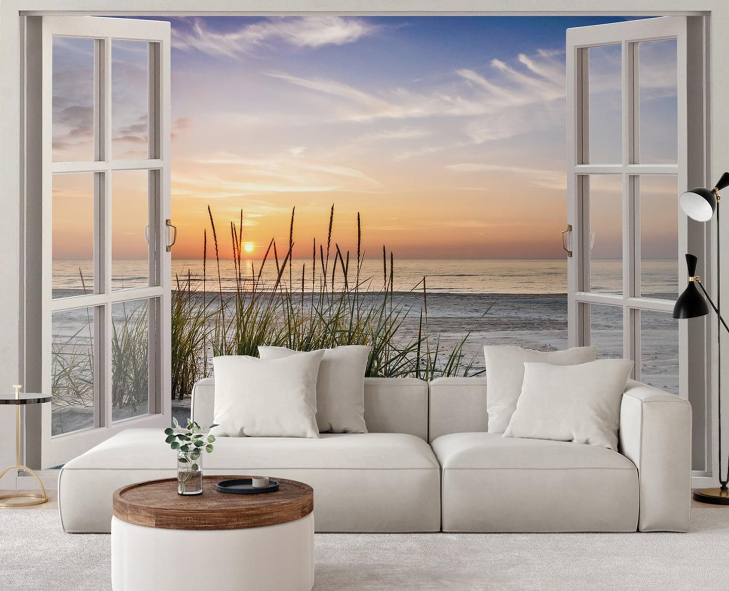 Fototapetai, Vaizdas pro langą į saulėlydį paplūdimyje